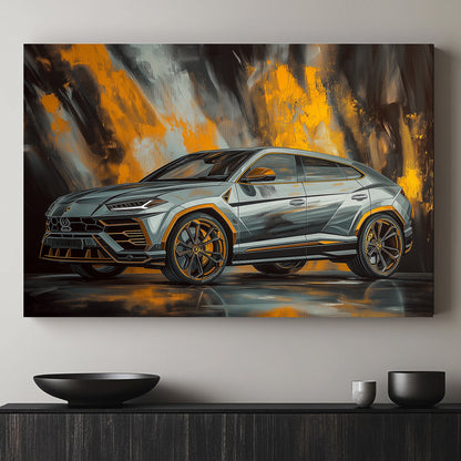 Lamborghini Urus with a sleek design, set against a bold black and orange abstract background.