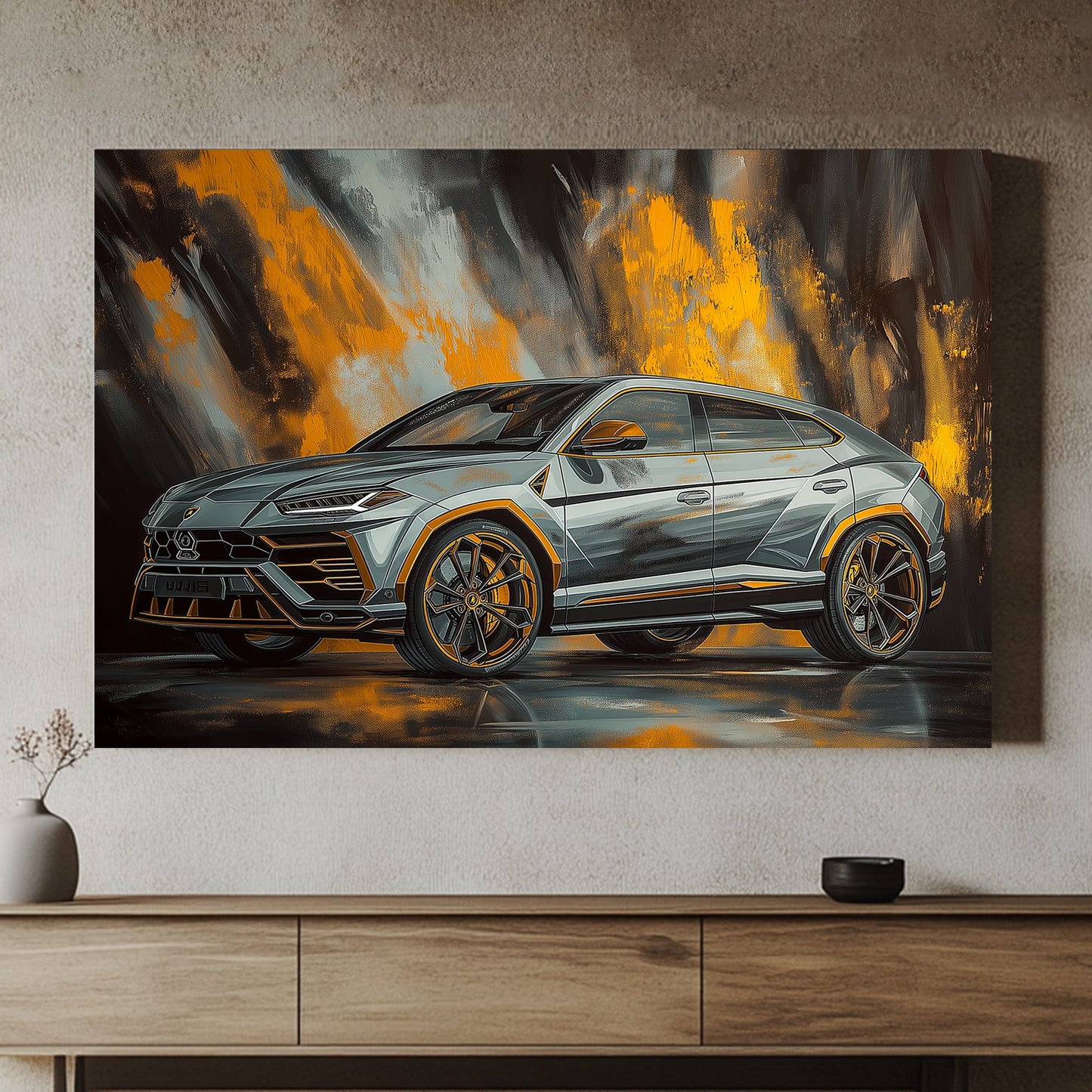 Lamborghini Urus with a sleek design, set against a bold black and orange abstract background.