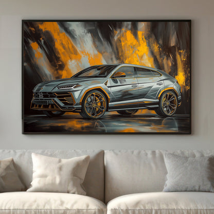 Lamborghini Urus with a sleek design, set against a bold black and orange abstract background.