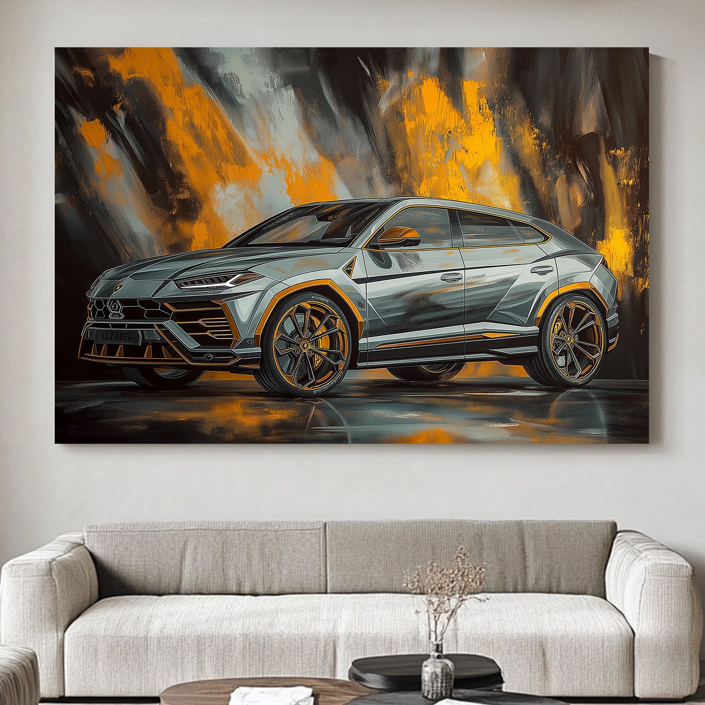 Lamborghini Urus with a sleek design, set against a bold black and orange abstract background.