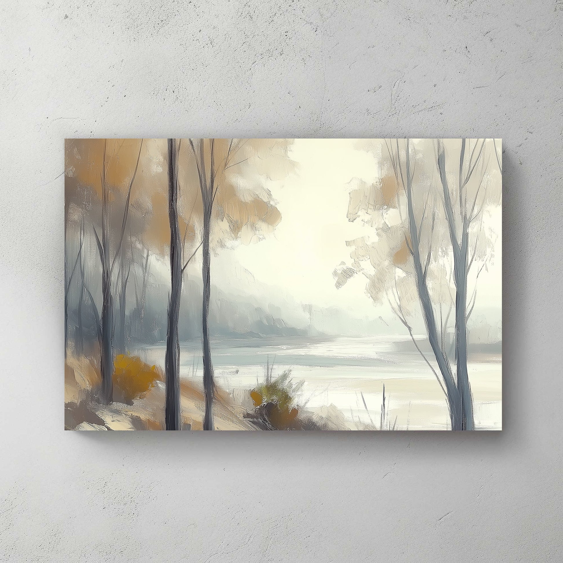 Tranquil woodland with golden and grey tones, featuring misty trees and a serene landscape.