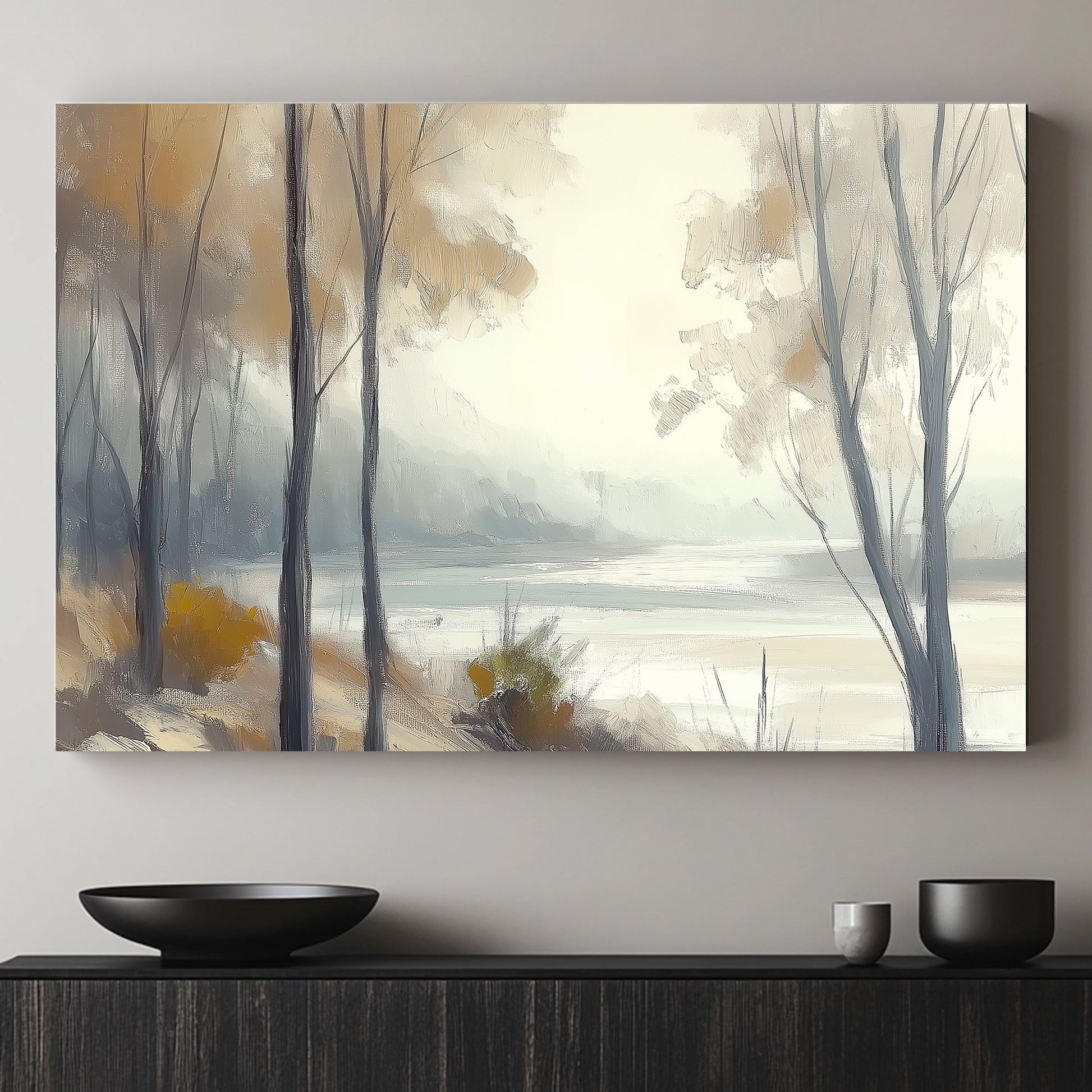 Tranquil woodland with golden and grey tones, featuring misty trees and a serene landscape.