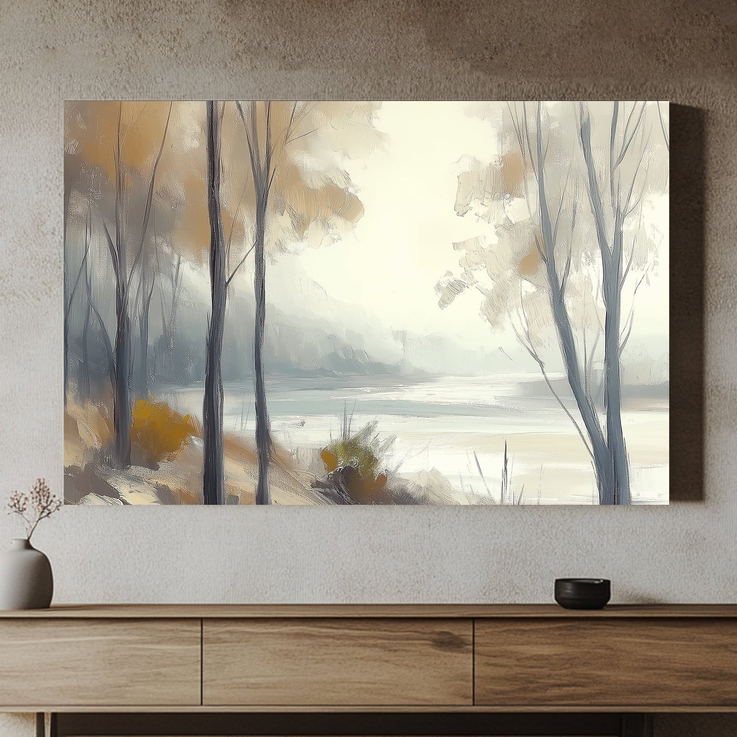 Tranquil woodland with golden and grey tones, featuring misty trees and a serene landscape.