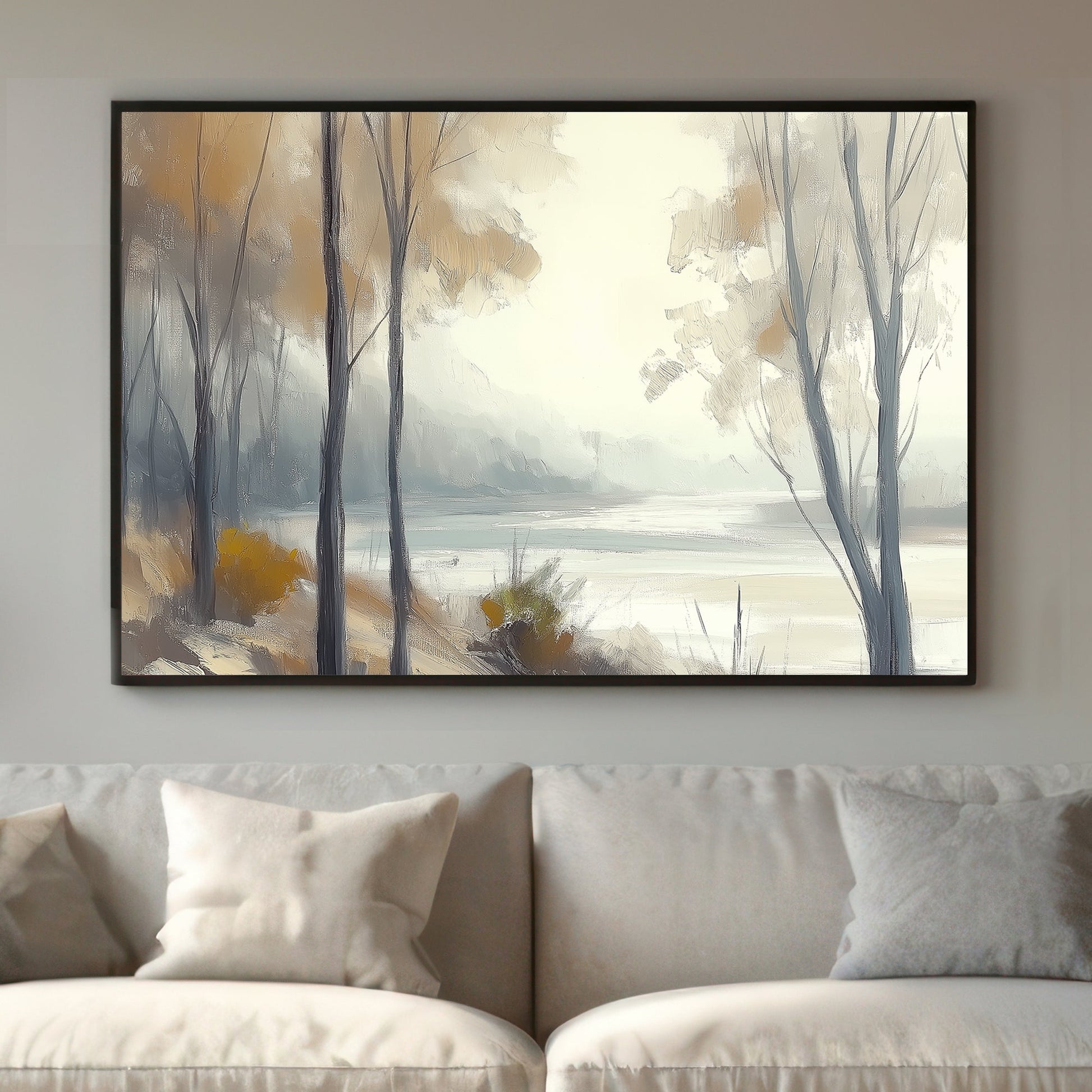 Tranquil woodland with golden and grey tones, featuring misty trees and a serene landscape.