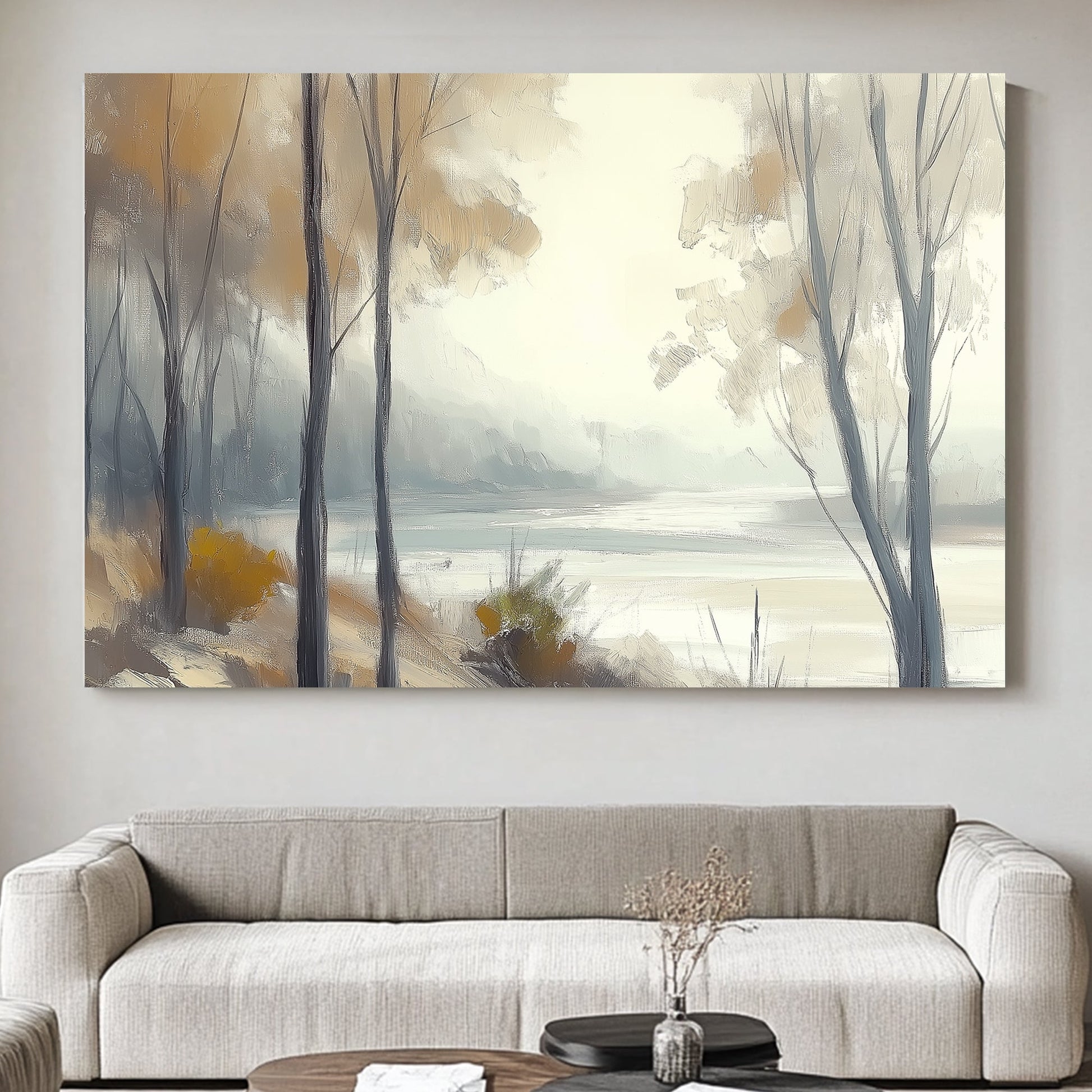 Tranquil woodland with golden and grey tones, featuring misty trees and a serene landscape.