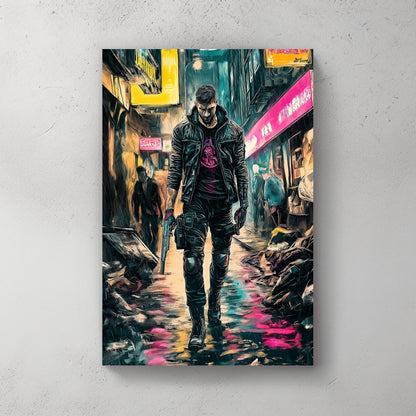 Cyberpunk figure in a rain-soaked alley with neon signs and vibrant lighting.