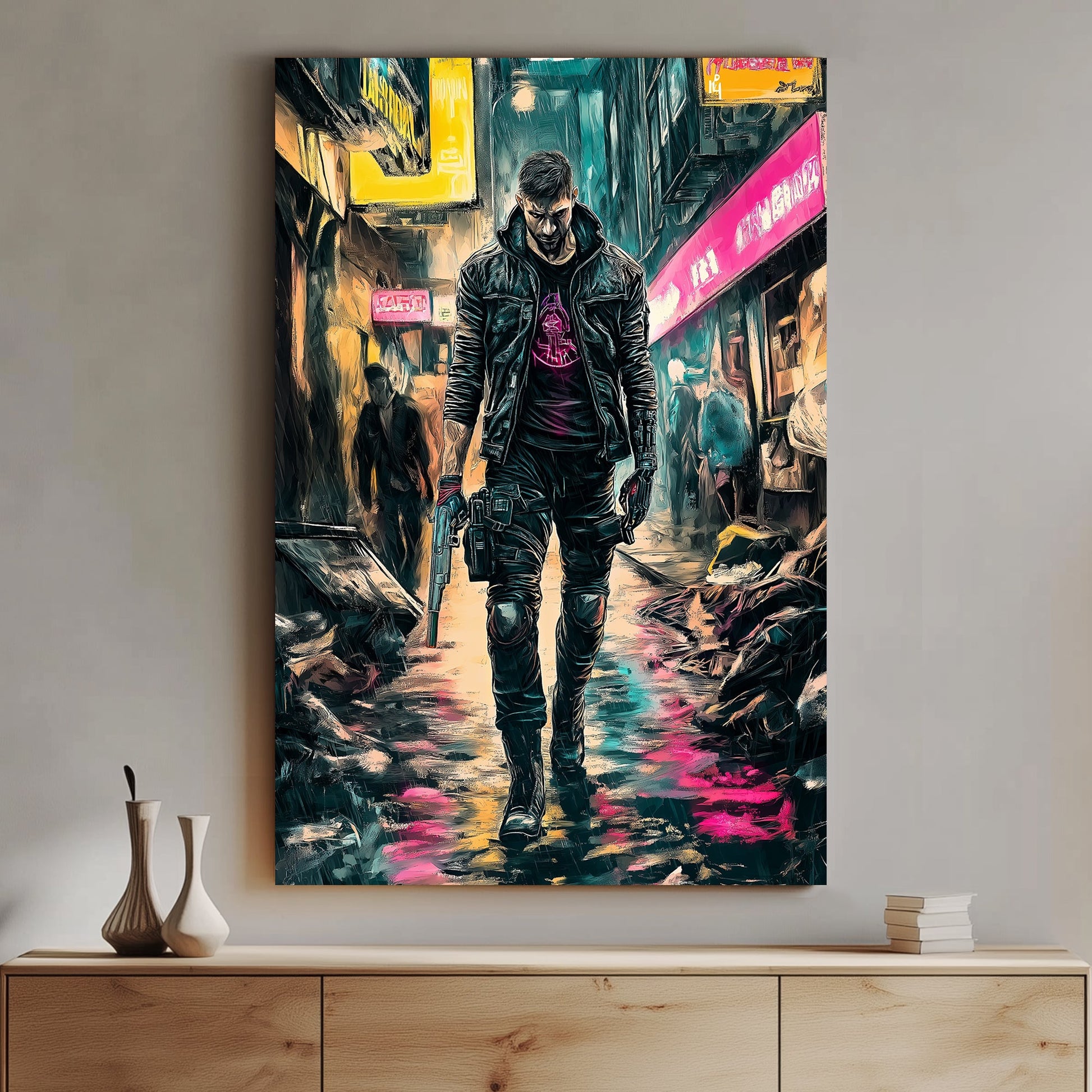 Cyberpunk figure in a rain-soaked alley with neon signs and vibrant lighting.