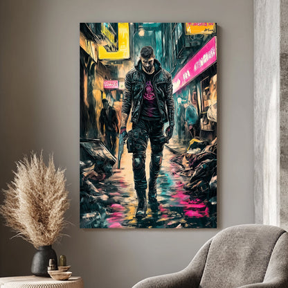 Cyberpunk figure in a rain-soaked alley with neon signs and vibrant lighting.