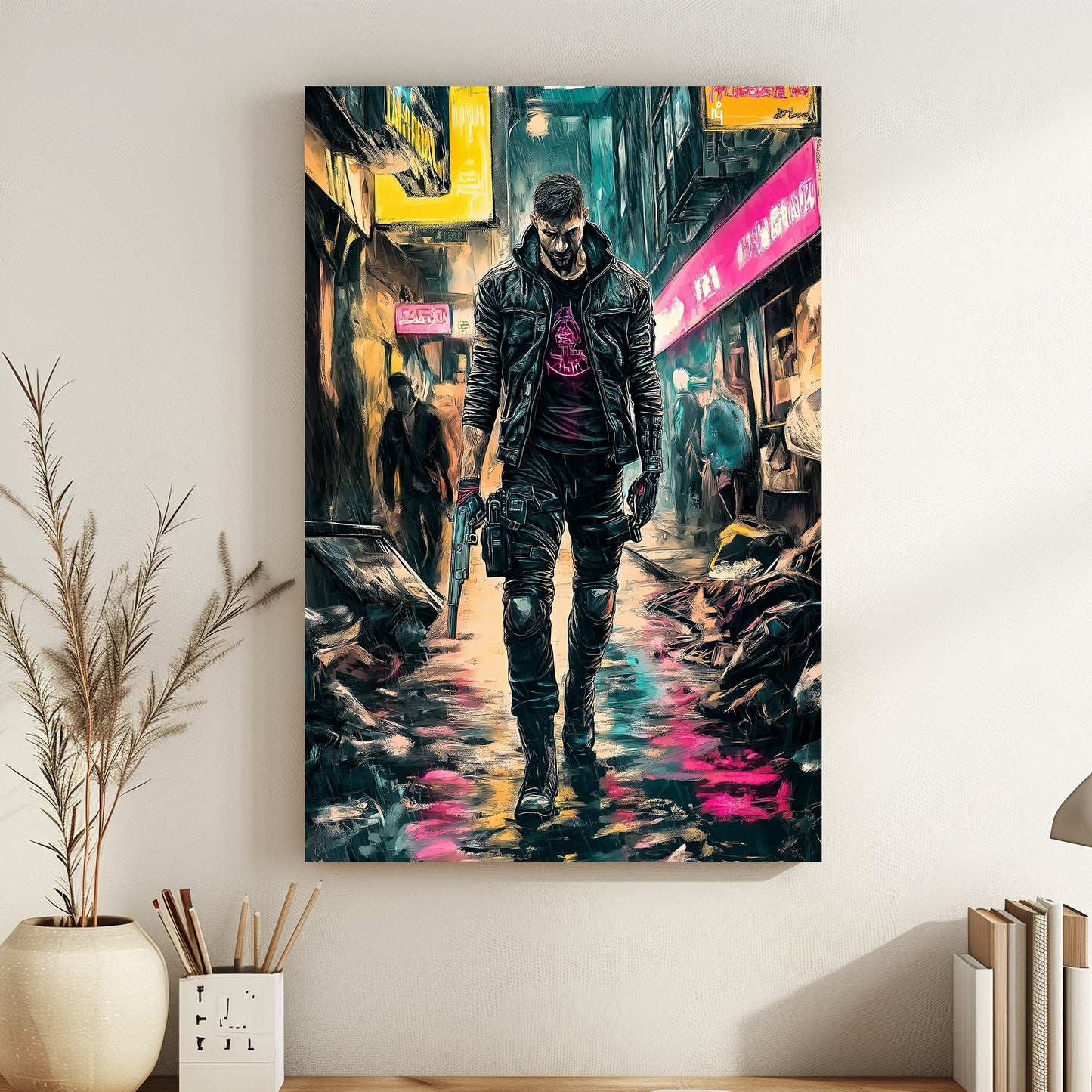 Cyberpunk figure in a rain-soaked alley with neon signs and vibrant lighting.