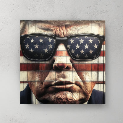 Close-up of Donald Trump wearing American flag sunglasses against a flag-themed background in a pop art style.