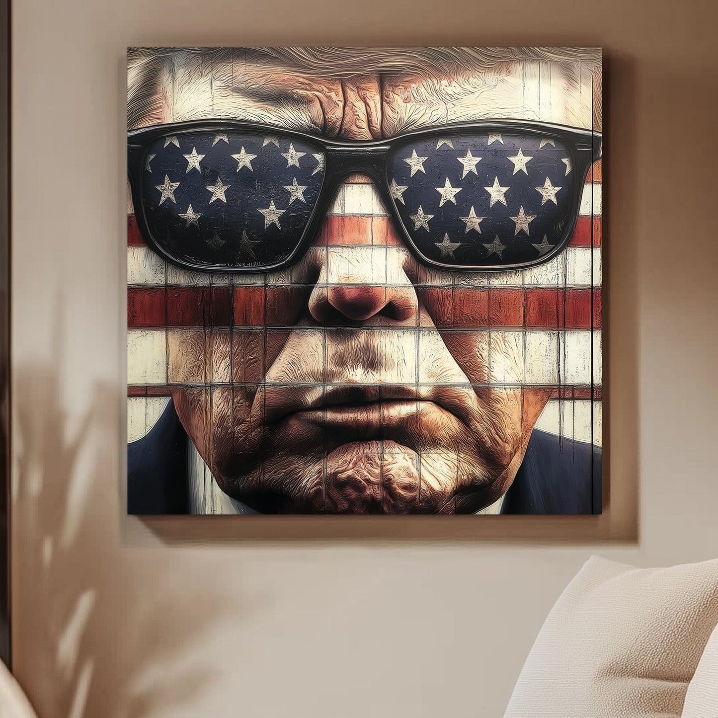 Close-up of Donald Trump wearing American flag sunglasses against a flag-themed background in a pop art style.