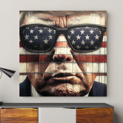 Close-up of Donald Trump wearing American flag sunglasses against a flag-themed background in a pop art style.