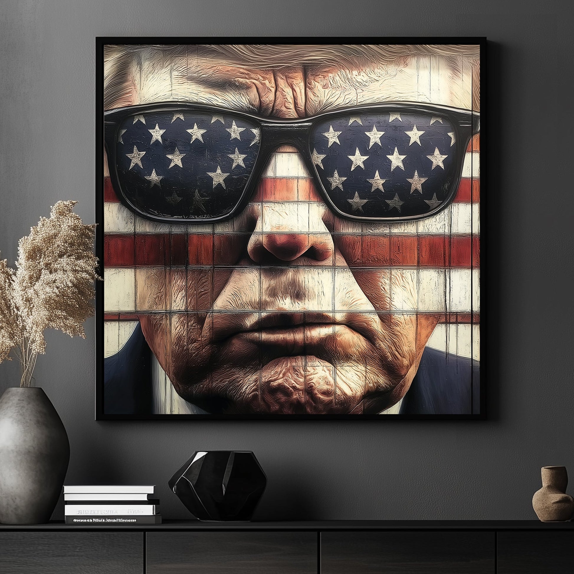 Close-up of Donald Trump wearing American flag sunglasses against a flag-themed background in a pop art style.