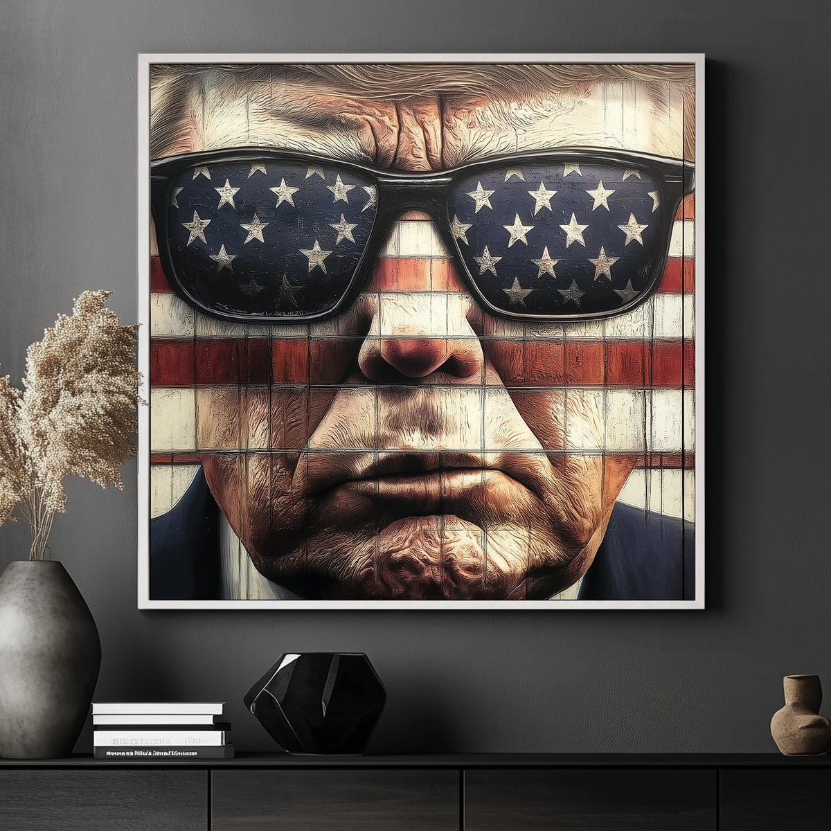 Close-up of Donald Trump wearing American flag sunglasses against a flag-themed background in a pop art style.