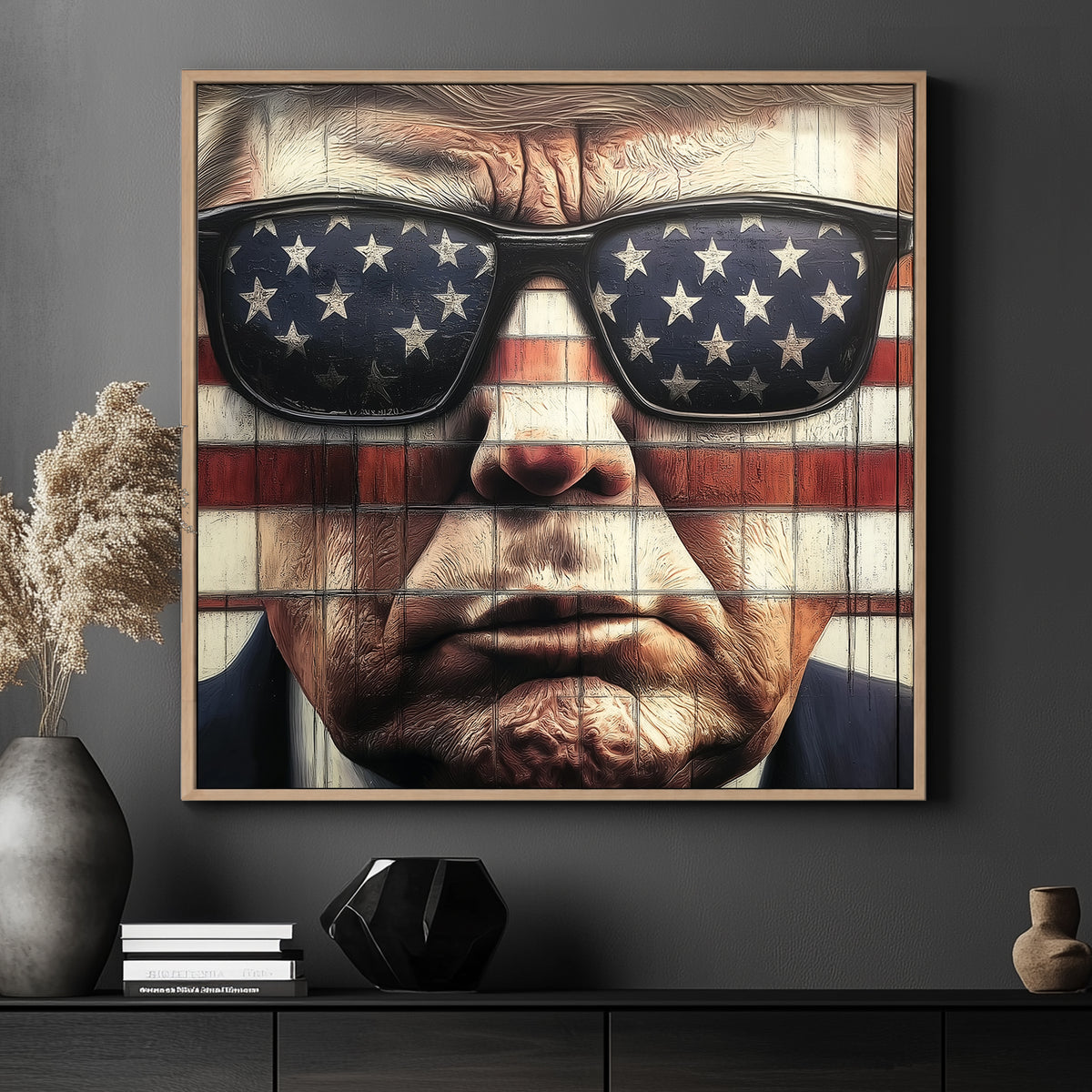 Close-up of Donald Trump wearing American flag sunglasses against a flag-themed background in a pop art style.