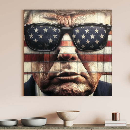 Close-up of Donald Trump wearing American flag sunglasses against a flag-themed background in a pop art style.