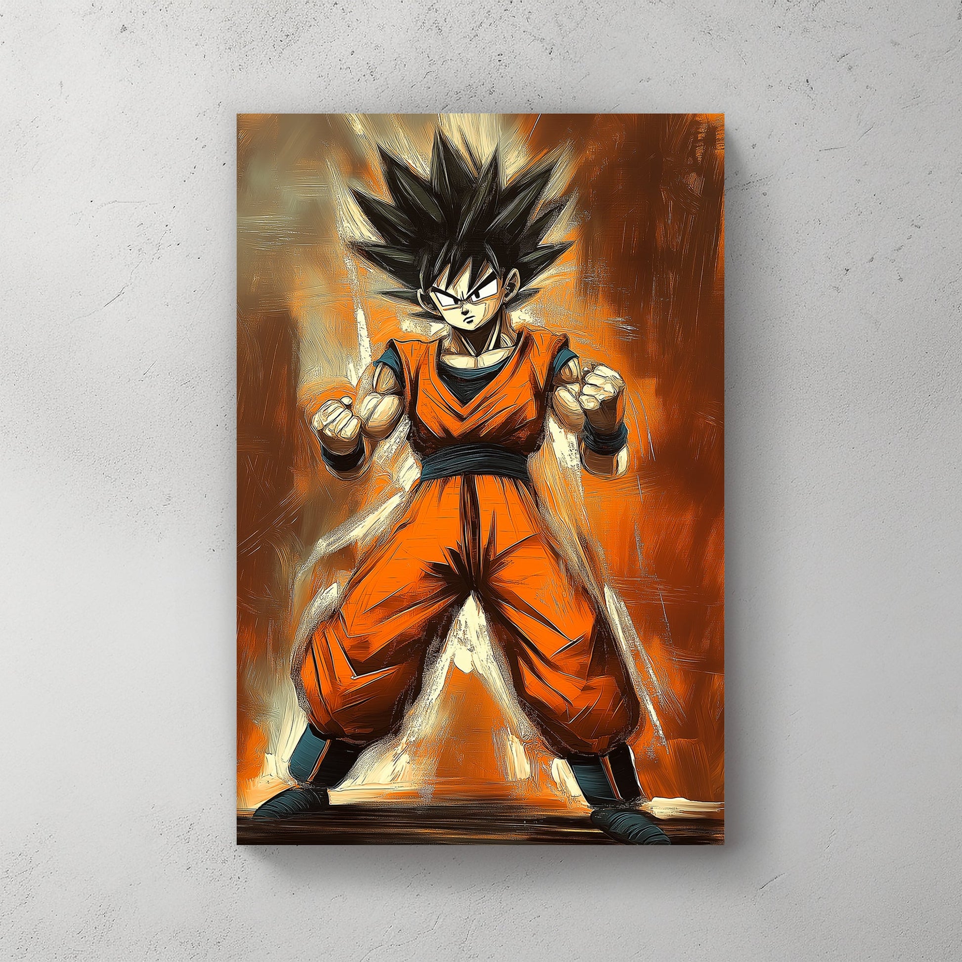 Goku in a powerful stance with fiery orange tones and dynamic brushstrokes.