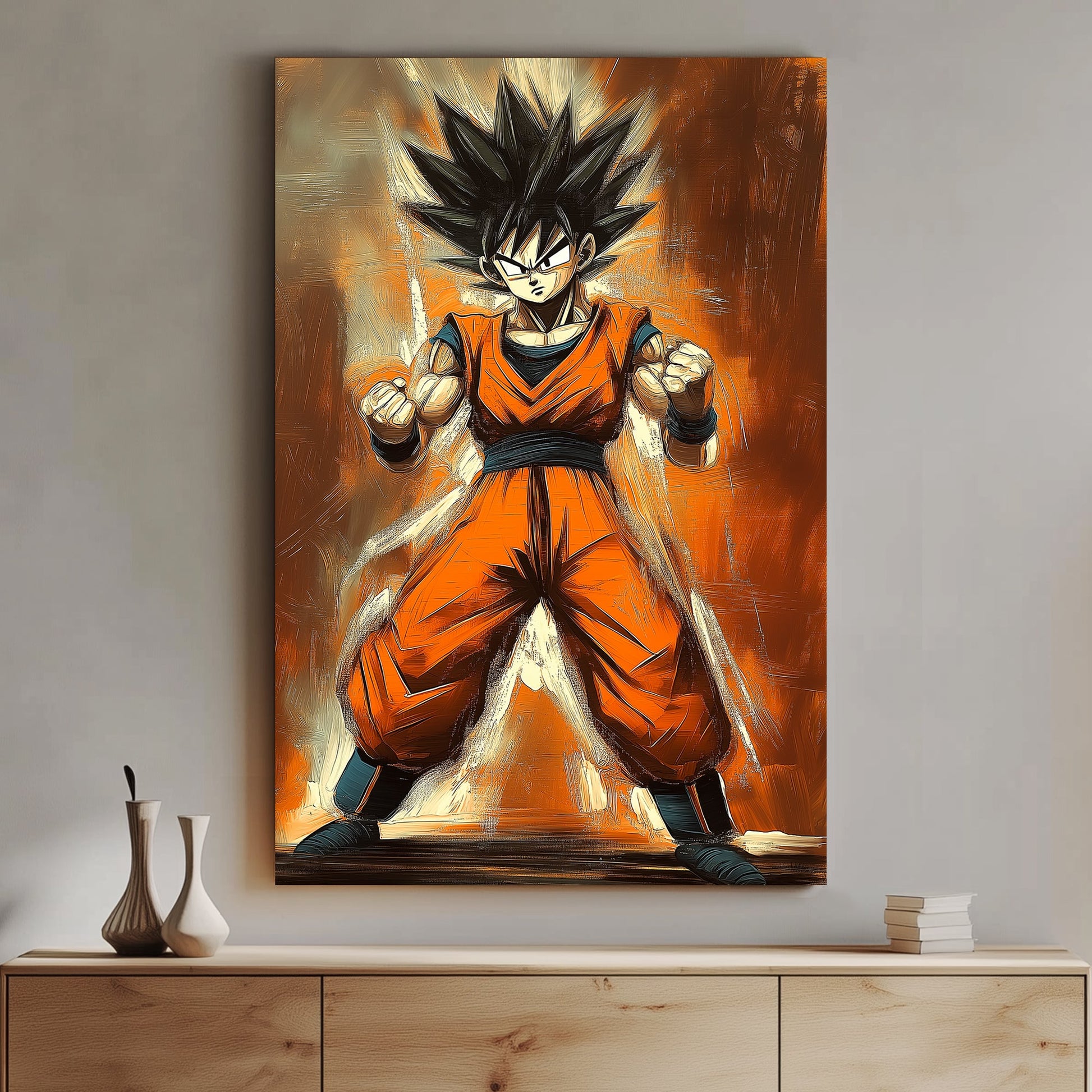 Goku in a powerful stance with fiery orange tones and dynamic brushstrokes.