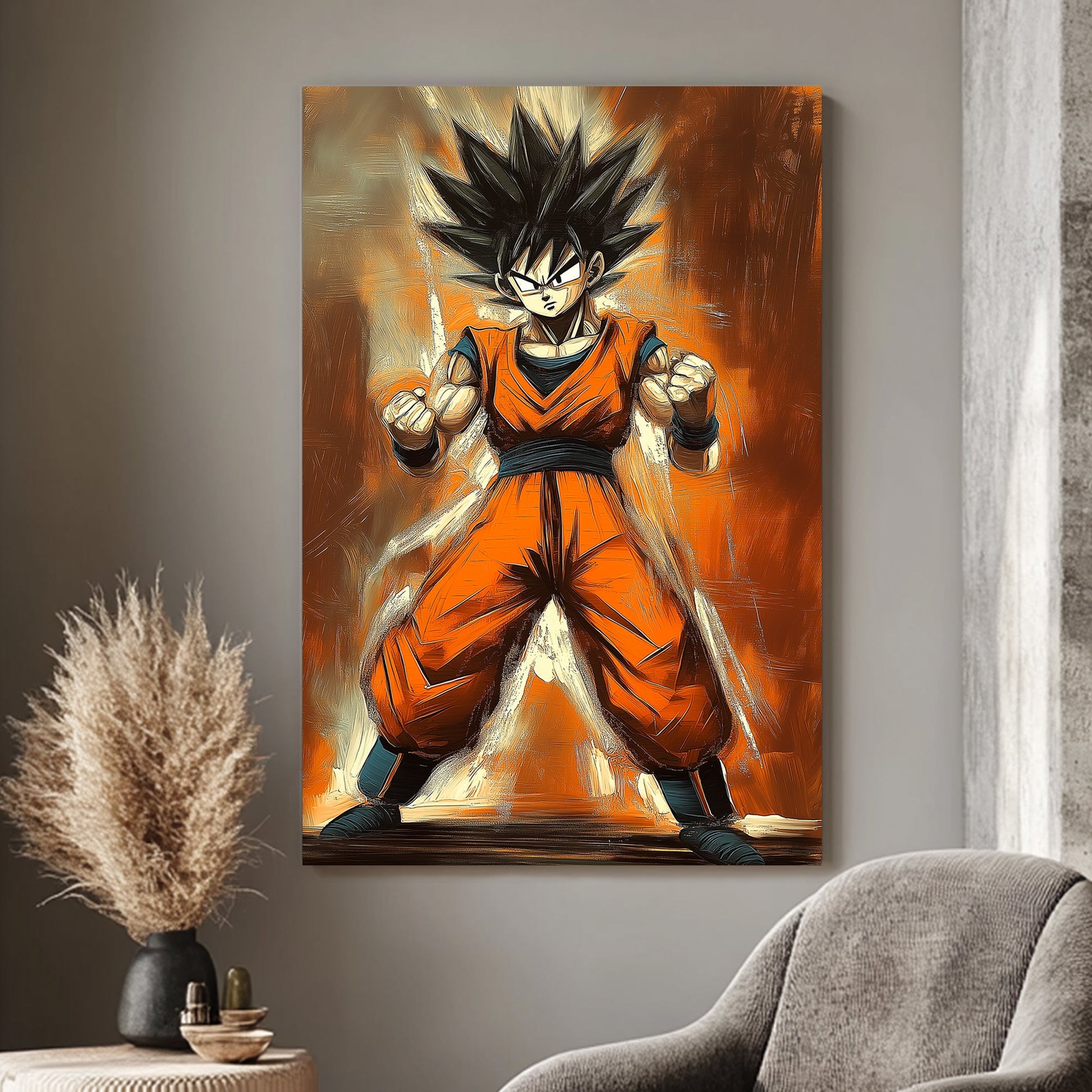 Goku in a powerful stance with fiery orange tones and dynamic brushstrokes.