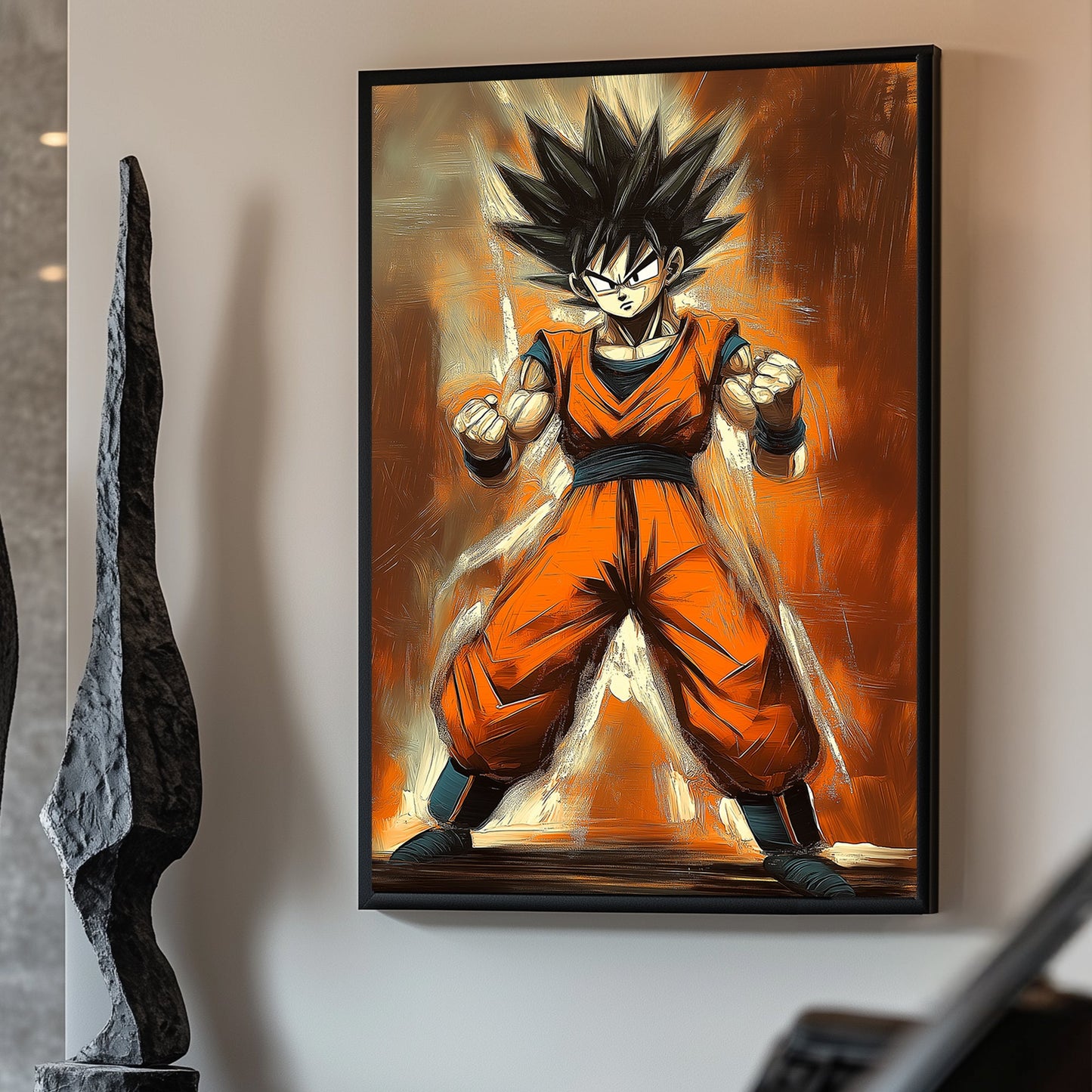 Goku in a powerful stance with fiery orange tones and dynamic brushstrokes.