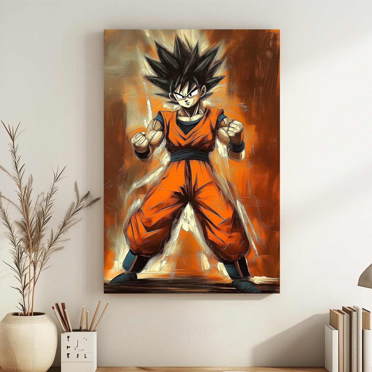 Goku in a powerful stance with fiery orange tones and dynamic brushstrokes.