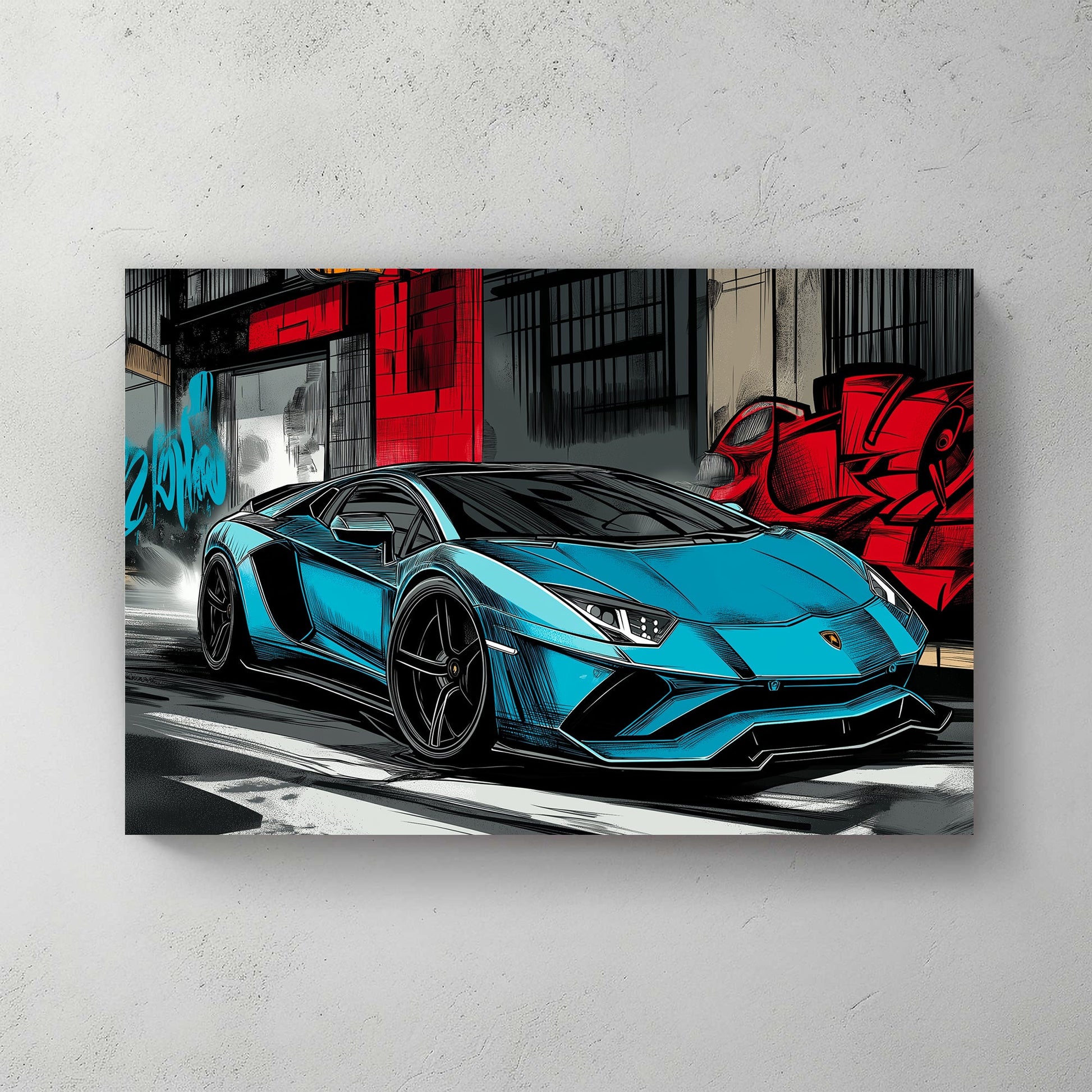 Blue lamborghini huracan supercar with graffiti background in an urban city scene.