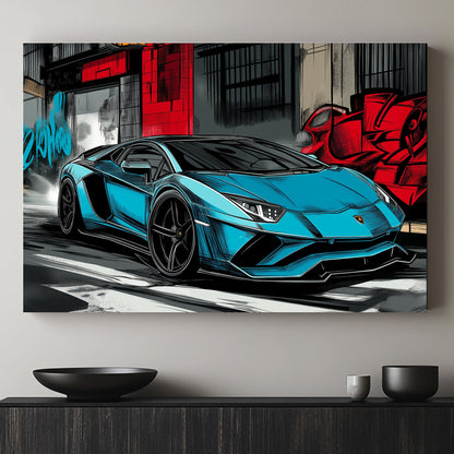 Blue lamborghini huracan supercar with graffiti background in an urban city scene.