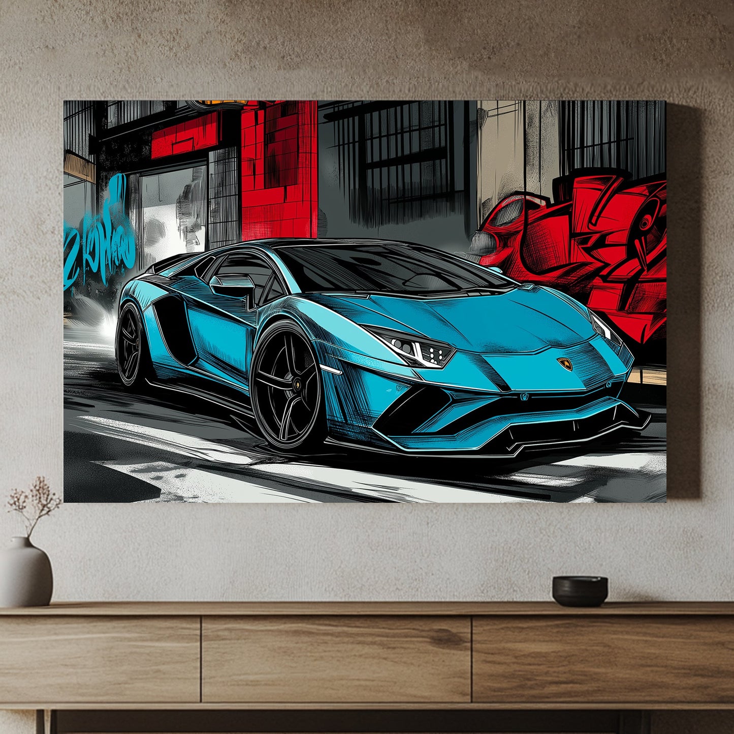 Blue lamborghini huracan supercar with graffiti background in an urban city scene.