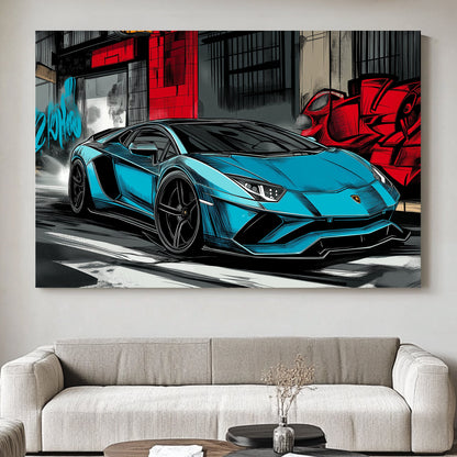 Blue lamborghini huracan supercar with graffiti background in an urban city scene.