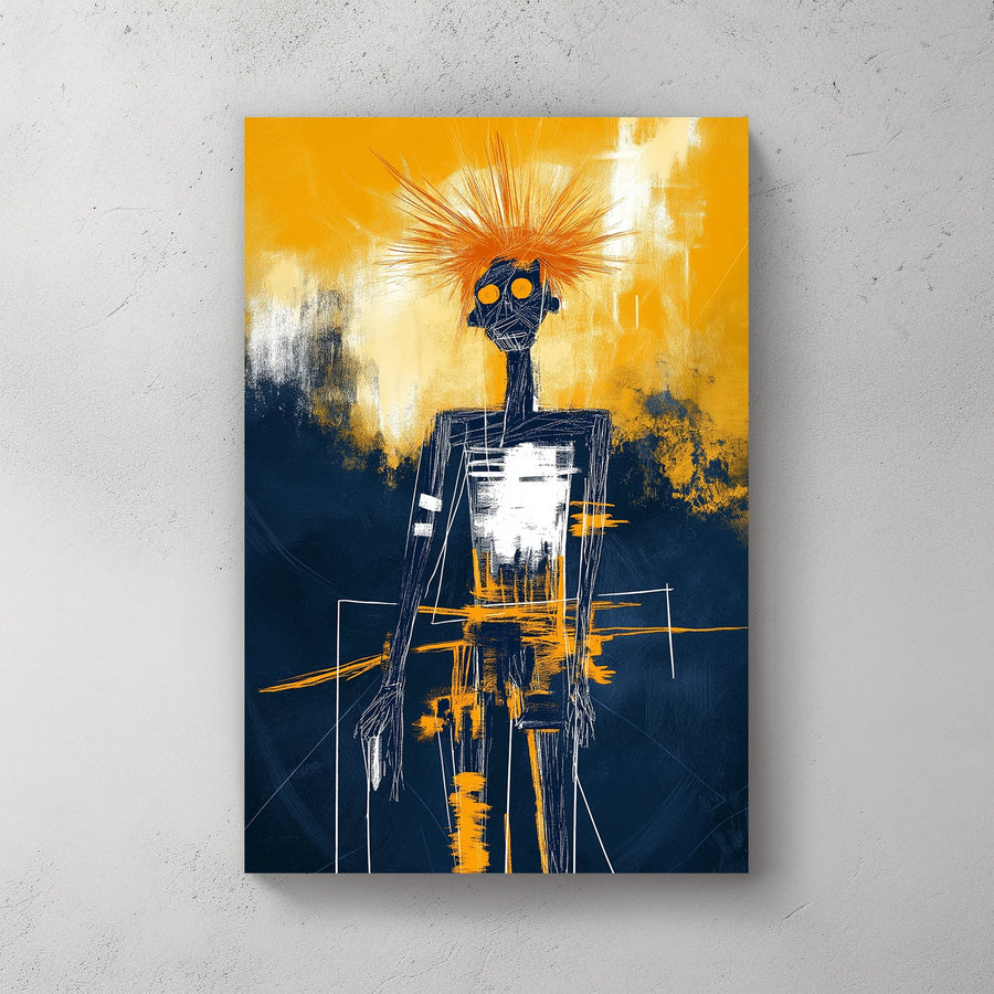 Abstract skeletal figure with vibrant orange and deep navy background, featuring expressive brushstrokes.