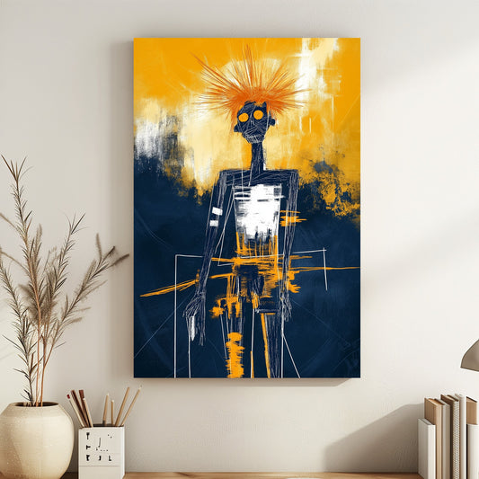 Abstract skeletal figure with vibrant orange and deep navy background, featuring expressive brushstrokes.