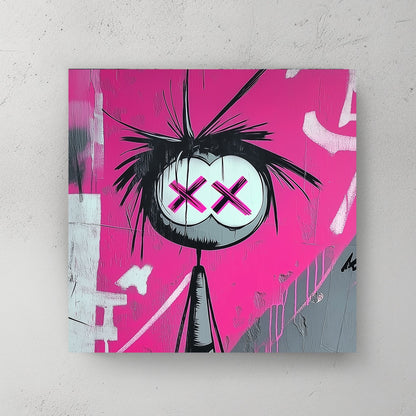 Graffiti-style artwork of a stick figure with large white eyes featuring pink X’s, set against a vibrant pink background.