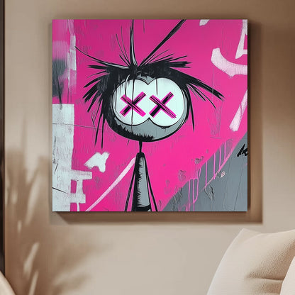 Graffiti-style artwork of a stick figure with large white eyes featuring pink X’s, set against a vibrant pink background.