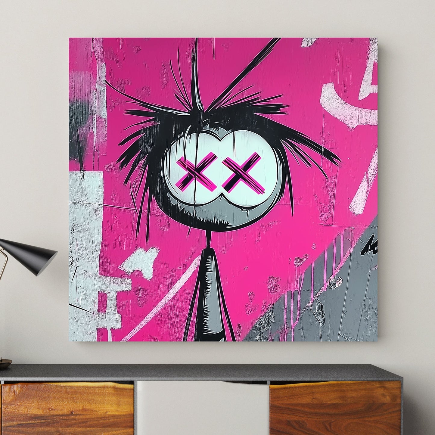 Graffiti-style artwork of a stick figure with large white eyes featuring pink X’s, set against a vibrant pink background.