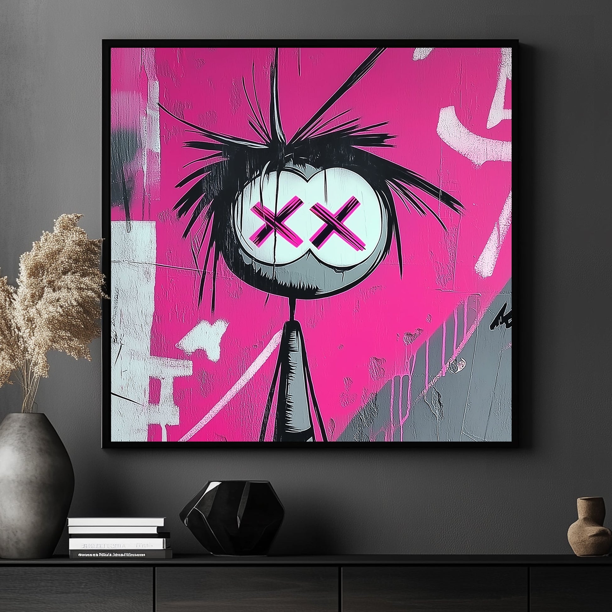 Graffiti-style artwork of a stick figure with large white eyes featuring pink X’s, set against a vibrant pink background.