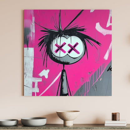 Graffiti-style artwork of a stick figure with large white eyes featuring pink X’s, set against a vibrant pink background.