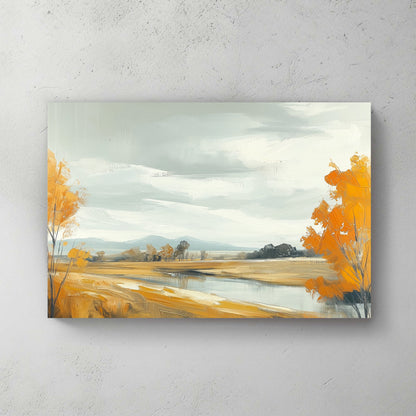 Autumn landscape with golden trees, a calm stream, and an overcast sky.