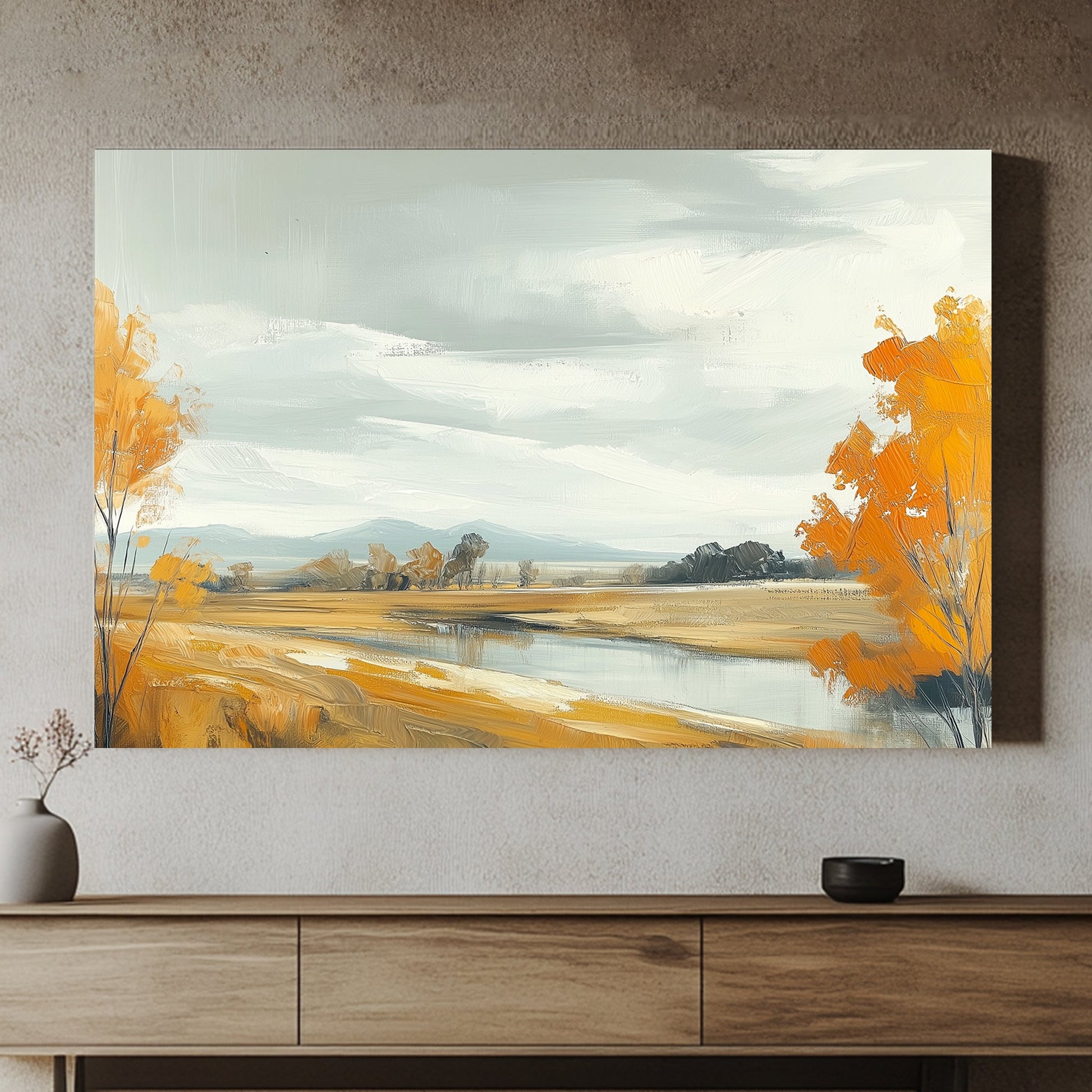 Autumn landscape with golden trees, a calm stream, and an overcast sky.