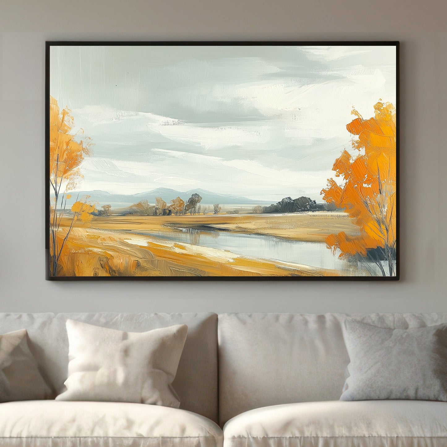 Autumn landscape with golden trees, a calm stream, and an overcast sky.