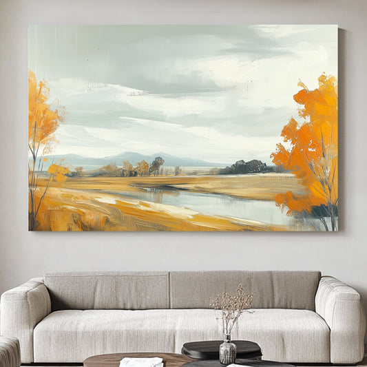 Autumn landscape with golden trees, a calm stream, and an overcast sky.