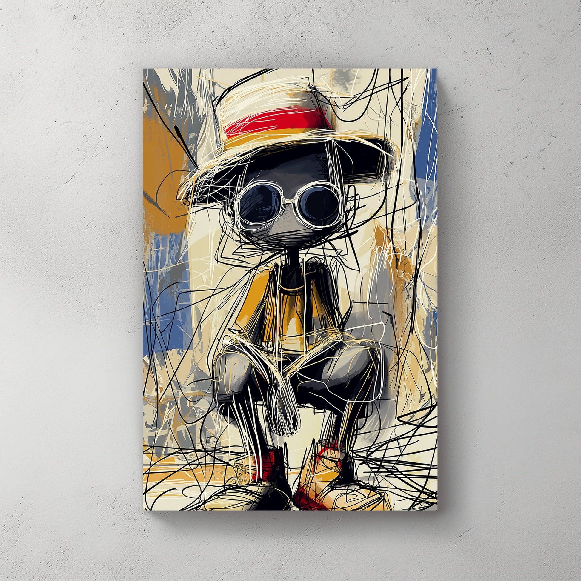 Sketch-style artwork of a whimsical figure wearing sunglasses, a straw hat with a red band, and casual attire.