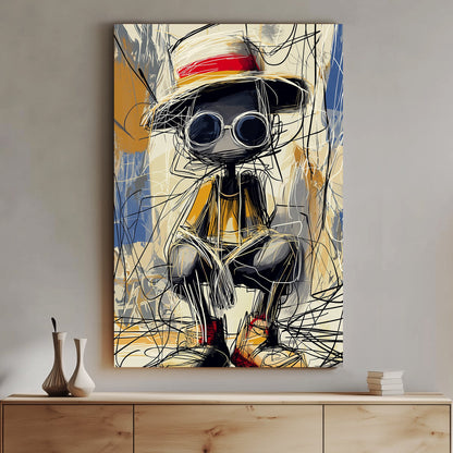 Sketch-style artwork of a whimsical figure wearing sunglasses, a straw hat with a red band, and casual attire.