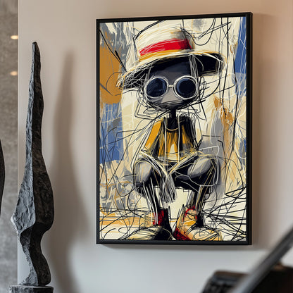 Sketch-style artwork of a whimsical figure wearing sunglasses, a straw hat with a red band, and casual attire.