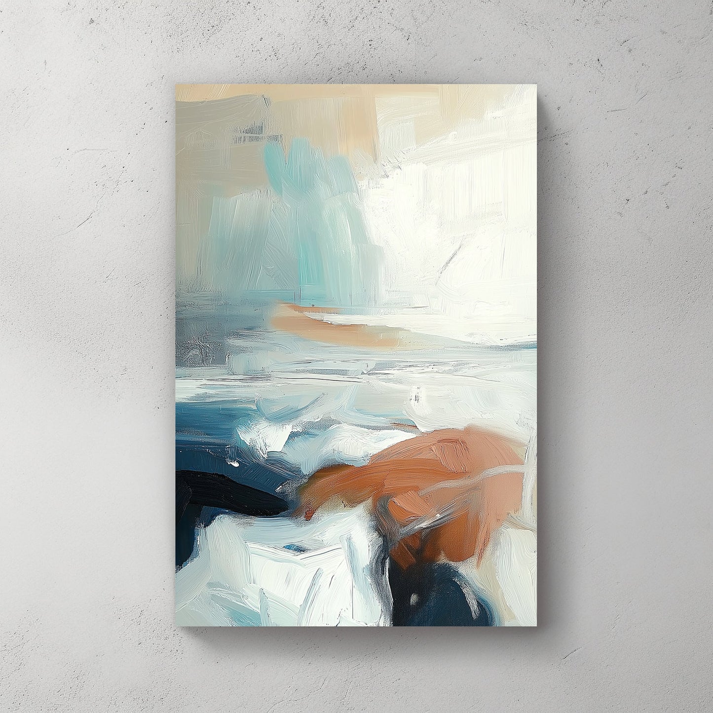 Abstract seascape with soft brush strokes in blue, tan, and white, creating a calm coastal scene.