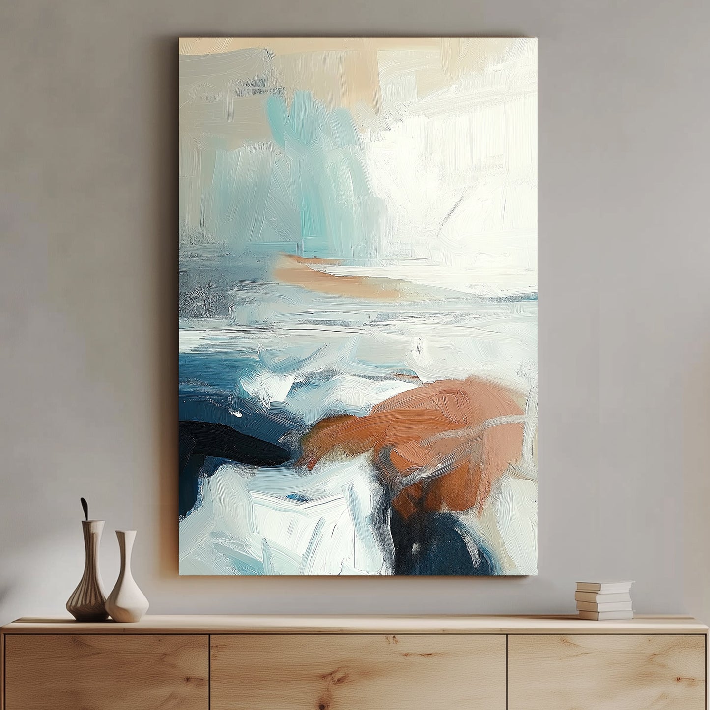 Abstract seascape with soft brush strokes in blue, tan, and white, creating a calm coastal scene.