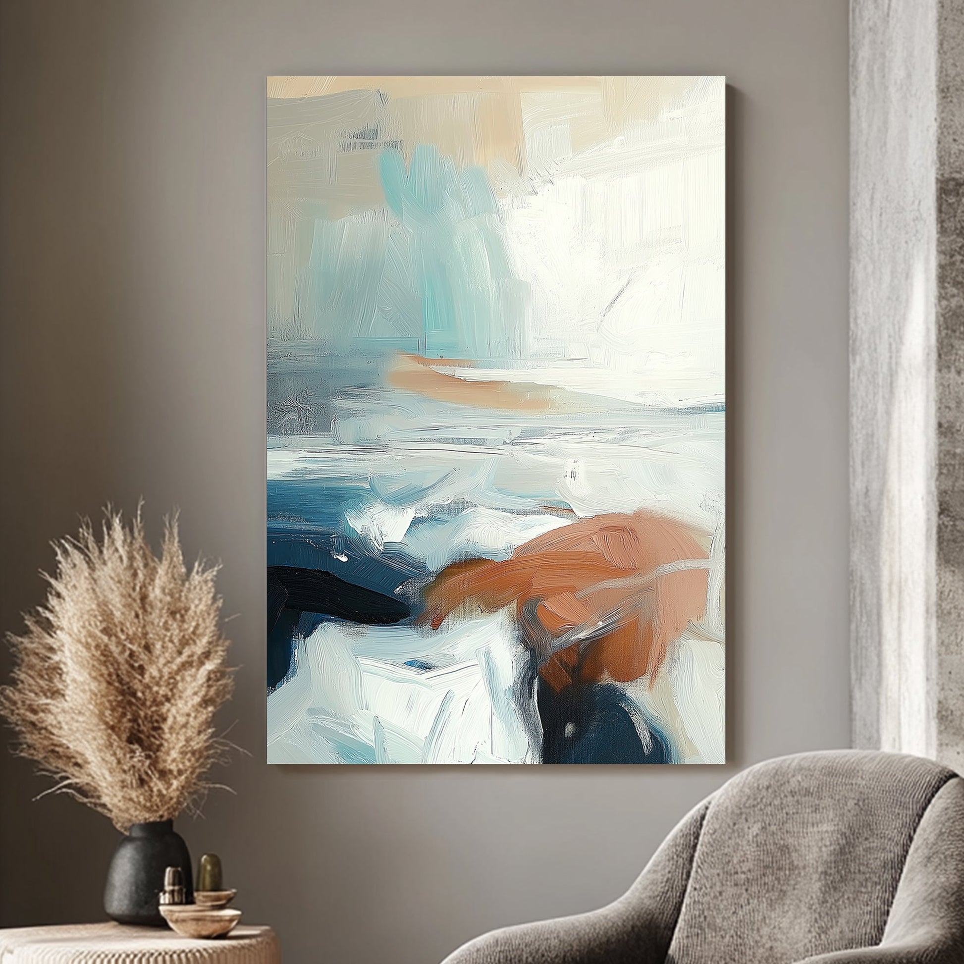 Abstract seascape with soft brush strokes in blue, tan, and white, creating a calm coastal scene.