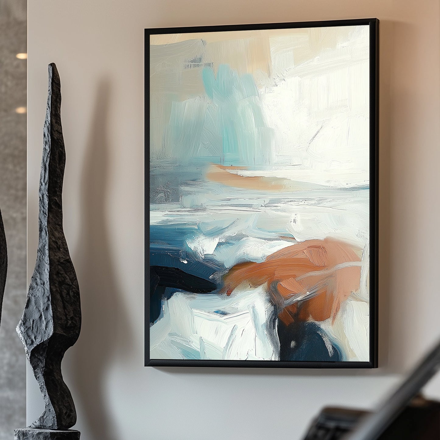 Abstract seascape with soft brush strokes in blue, tan, and white, creating a calm coastal scene.