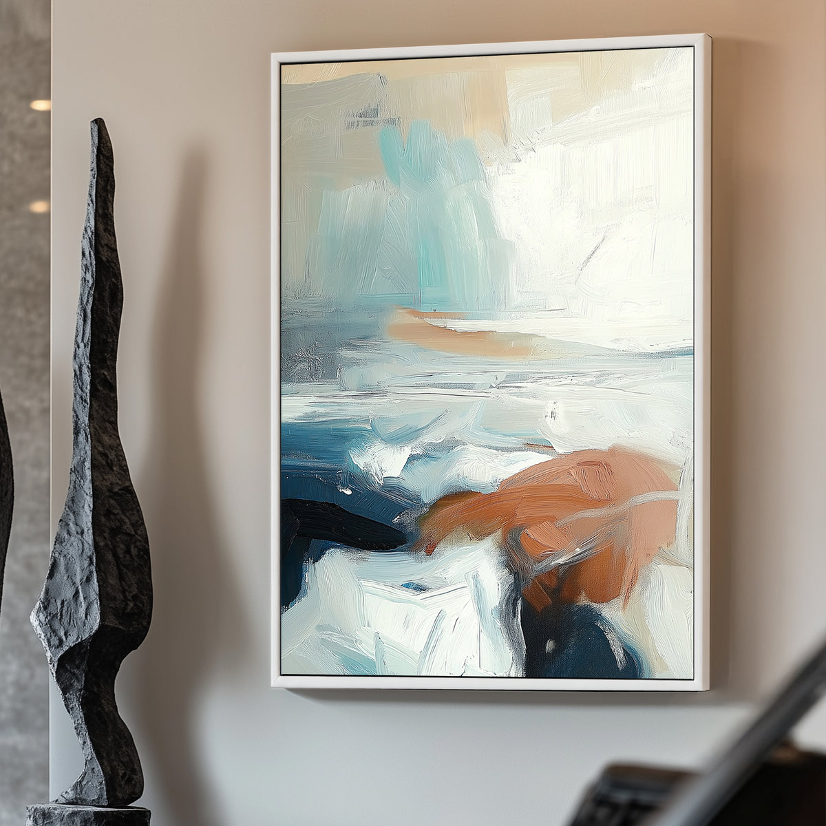 Abstract seascape with soft brush strokes in blue, tan, and white, creating a calm coastal scene.