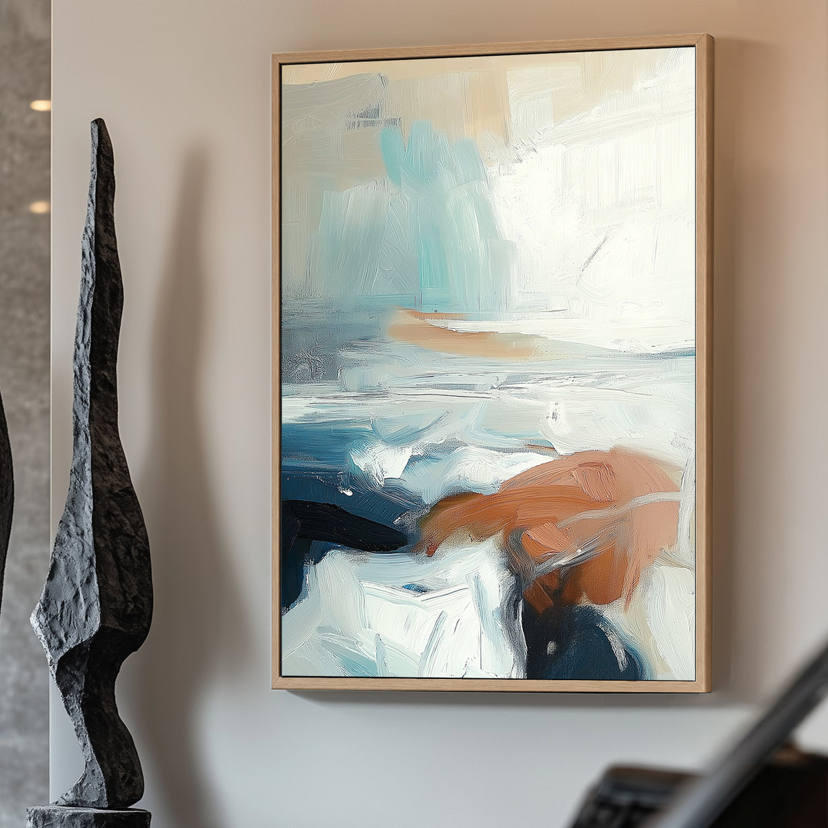 Abstract seascape with soft brush strokes in blue, tan, and white, creating a calm coastal scene.
