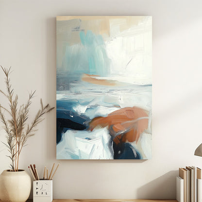 Abstract seascape with soft brush strokes in blue, tan, and white, creating a calm coastal scene.